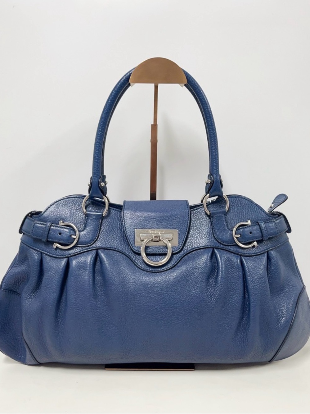 Salvatore Ferragamo Navy Blue Leather Shoulder Bag with Silver Hardware